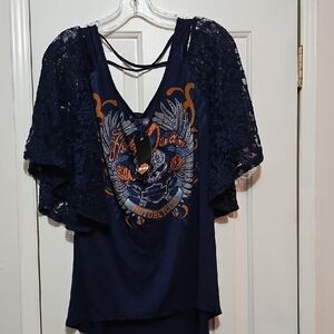 Harley-Davidson Navy Lace Sleeve Blouse
